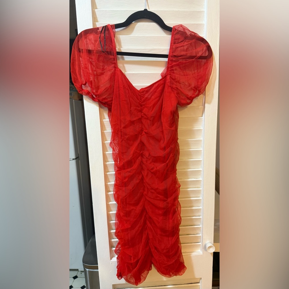 Red Ruched Bodycon Lacy Dress